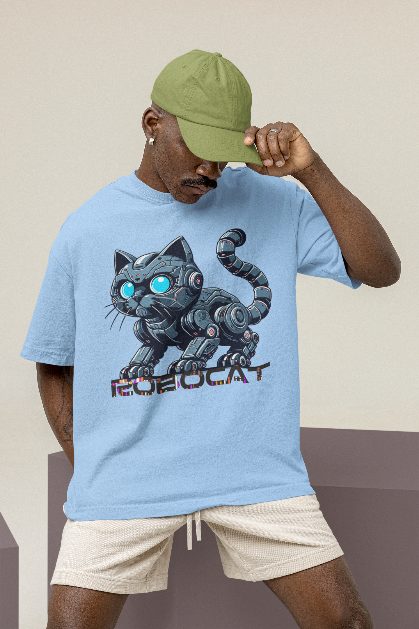 Robocat- Printed Round neck Oversized T-Shirt