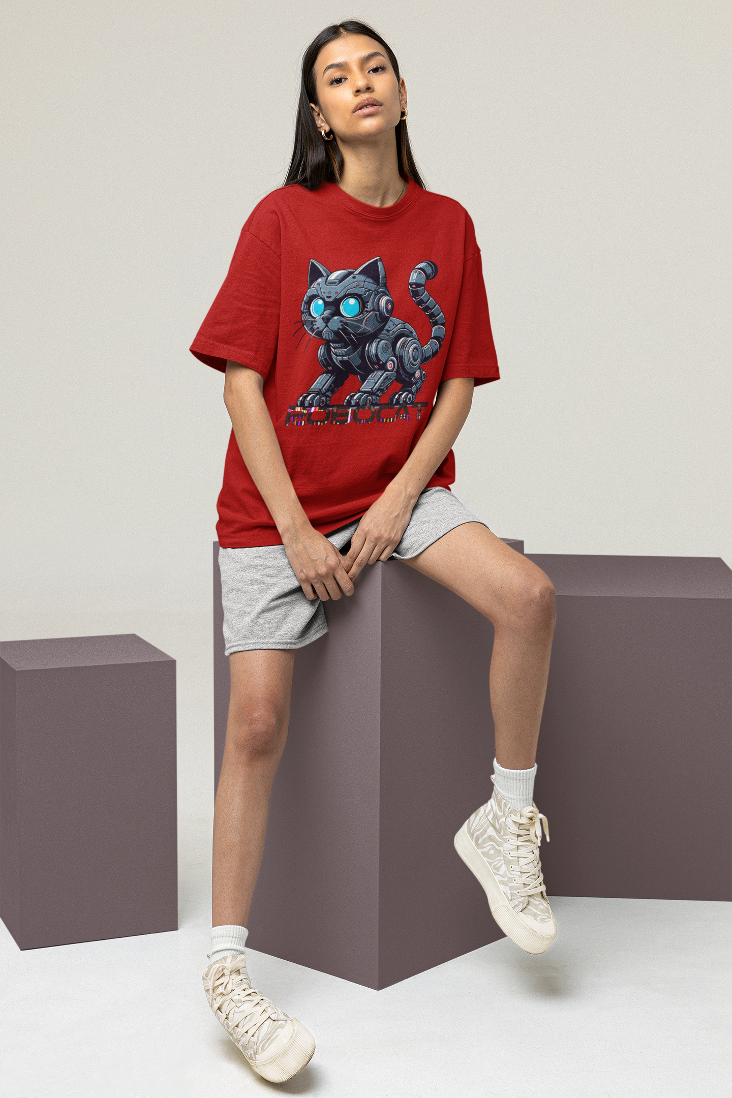 Robocat- Printed Round neck Oversized T-Shirt