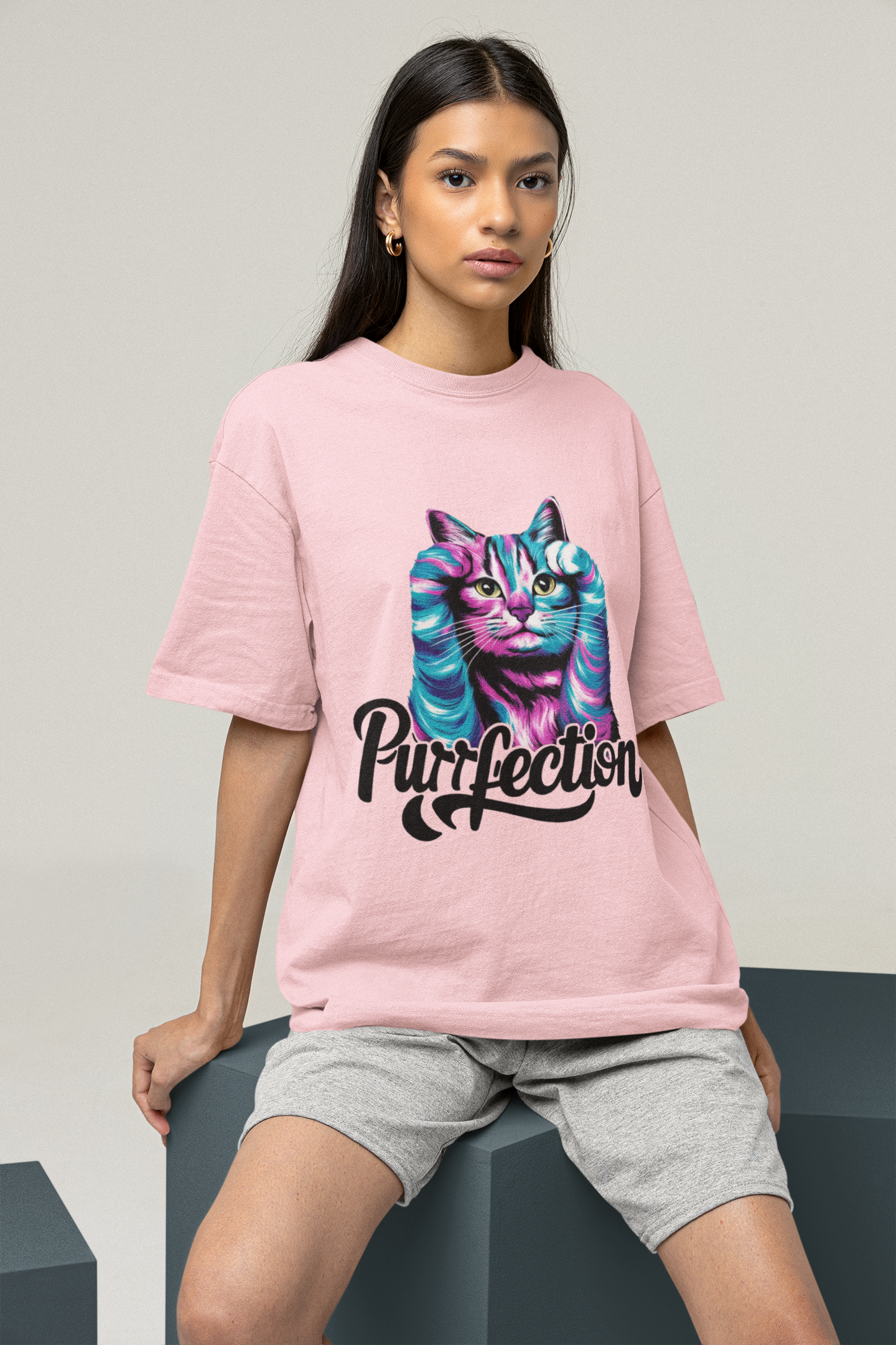 Purrfection - Printed Round neck Oversized T-Shirt